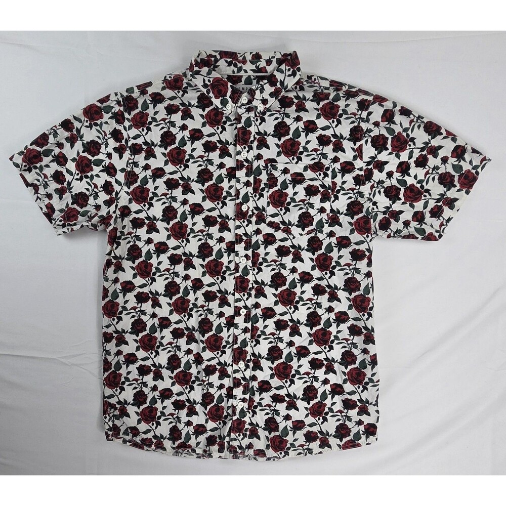 Empyre Roses Button Down Shirt Men's Large White Red Floral Punk Streetwear